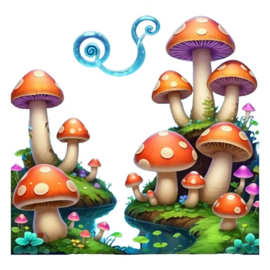  "A whimsical mushroom world filled with giant glowing mushrooms, soft bioluminescent spores floating through the air, and friendly oversized snails with colorful spiral shells exploring the landscape. Fantasy atmosphere, vibrant colors, dreamy lighting, highly detailed sticker