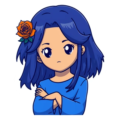 head portrait of anime girl with long dark blue hair, blue rose in hair, intense glaring blue eyes, dramatic JoJo's Bizarre Adventure style expression, sharp angular features, extreme close-up, dynamic pose sticker