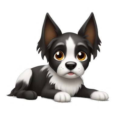 Black and white dog with Brown eyes and long fur, pointy ears laying on his paws and gazing into viewer sticker