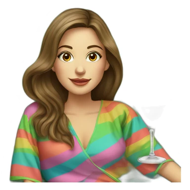 Caucasian woman with long brown hair sitting on a couch in front of a light green wall in a rainbow striped caftan holding a pink cocktail sticker