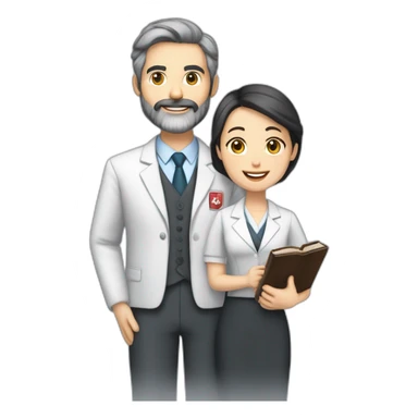 husband Canadian caucasian dark gray hair trimmed beard wearing business suit holding bible, wife asian age 55 dark hair nurse uniform, no children sticker