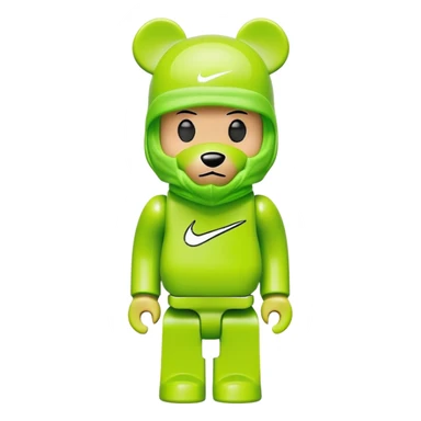 bearbrick toy wearing a lime green balaclava with a Nike swoosh logo sticker