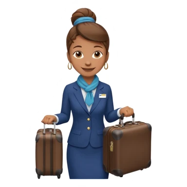 flight attendant, Light Brown skin, brown hair in single bun, neck scarf, suitcase sticker