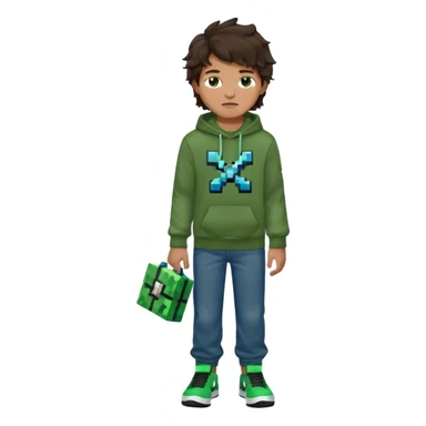 a 14 year old slightly tanned teenage boy with dark brown tousled wavy hair, dark brown eyes wearing a green tshirt, a dark green minecraft hoodie, blue jeans and green nike air jordans sticker