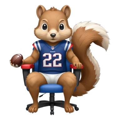 gaming chair with a squirrel sitting on it wearing patriots jersy sticker