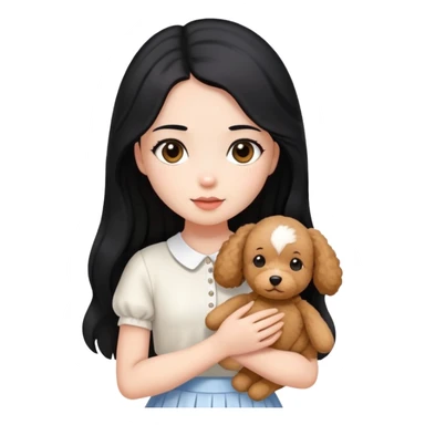 beautiful girl with long straight black hair wearing a white skirt holding a small brown curly teddy dog sticker