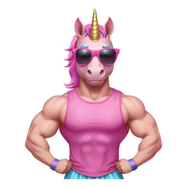 friendly anthropomorphised masculine unicorn with horse-like face, muscular bodybuilder build, in tutu and pink t-shirt, wearing dark sunglasses, standard pose, close-crop head and shoulders portrait sticker