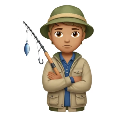 A boy with crossed arms, looking annoyed, dressed in fishing clothes. sticker