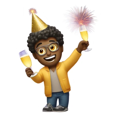 A dude celebrating new year, with a party hat that says 2025 and a glass of champagne in his hands, and add fireworks in the background sticker