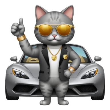 cat wearing sunglasses and a watch giving a thumbs up next to a fancy car sticker