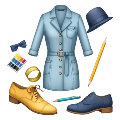 Icon for Fashion Design: sketches of clothing, shoes, and accessories with design tools like a pencil, fabric swatches, and a measuring tape. The icon should represent creativity in fashion design and tailoring. Transparent background. sticker