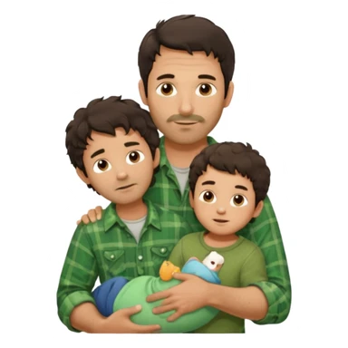 A father with messy medium-length dark hair and light stubble, wearing a green flannel shirt. He holds his child who has short curly brown hair and a cream-colored romper. Cozy warm lighting, authentic family moment. sticker