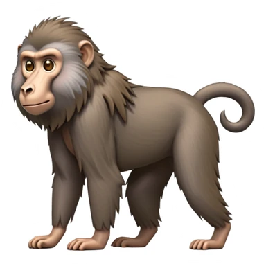 cinematic-hairy top half baboon-full-body-standing on all fours-emoji,-head-tilted-dramatically,-thick-grey-and-brown-fur,-simplified-yet-realistic-focused-features,-highly-detailed,-glowing-with-an-almost-sarcastic-glow expressive eyes, hairy mane sticker