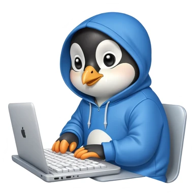 A cute penguin wearing a blue hoodie typing intensely on a laptop keyboard sticker