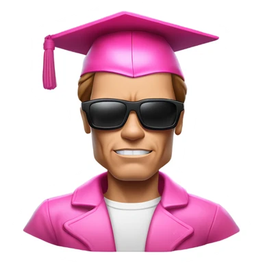 Schwarzenegger-like Terminator, upper body only, wearing his iconic clothes in pink, with a pink graduation hat (it's must have), looking more human with minimal robotic details, and wearing dark sunglasses. sticker