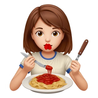 Weird girl with brown hair eating pasta holding ketchup and a knife  sticker