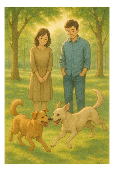 Vertical format: A man and woman in a park, watching two dogs playing happily together, the couple smiling shyly, atmosphere of learning and hope. sticker