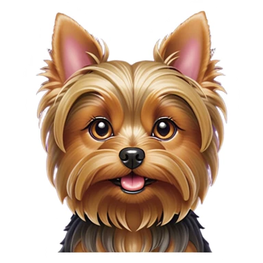 Cinematic Comical Yorkshire Terrier Portrait Emoji, Head tilted dramatically with an exaggeratedly surprised, comical expression and wide, expressive eyes, featuring a perky, well-groomed fur in rich hues, simplified yet hilariously detailed, glowing with a bold, sassy radiance, high shine, exuding playful mischief and cheeky terrier attitude, styled with a soft glowing outline, capturing the essence of a Yorkshire Terrier that appears ready to comically dash out of the frame! sticker