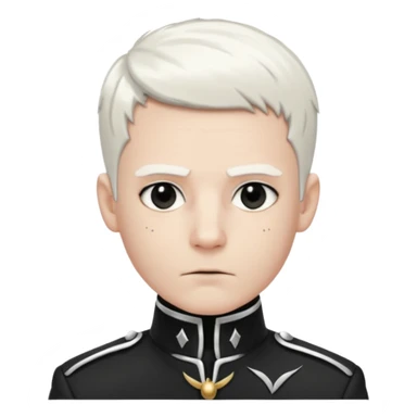 Head and shoulders emoji of a pale man with short white hair, wearing a black marching band jacket with silver trim. black eyeliner. Expression stoic, commanding, and theatrical, heroic emo style sticker