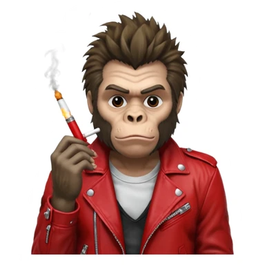 gorilla dressed as Tyler Durden, tousled hair, cigarette, punk-inspired red leather jacket sticker