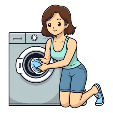 Caucasian woman with brown hair and huge boobs wearing a tank top kneeling next to washer and dryer sticker