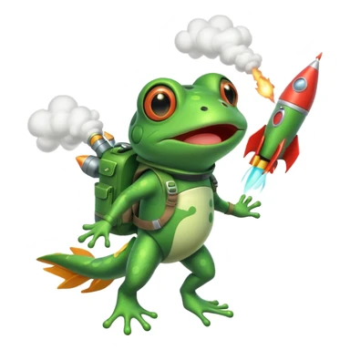 cute frog flying with a rocket pack, funny expression, rocket smoke trail, 3D cartoon, mobile game icon style, clean background, no text, no watermark sticker