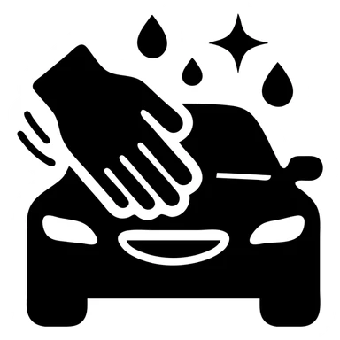 solid icon of a gloved hand with black glove on the hood of a luxury car, drops or sparkles, black main color with white or silver accents, soft motion lines for cleaning, minimal and modern sticker
