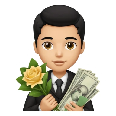 a pretty bratz boy with black hair, holding a bouquet made of money sticker