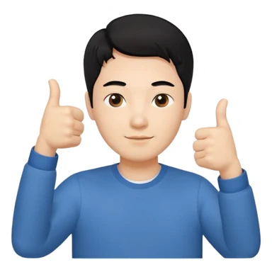 3D avatar of a Korean male frontend developer,
clean 5:5 middle part black hair,
no glasses,
close-up face portrait,
only head and one hand visible,
one hand making thumbs up gesture,
soft and friendly expression,
minimal style
 sticker