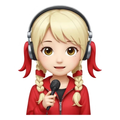 Cute kawaii emoji-style Japanese K-pop singer girl, long platinum blonde hair in twin tails, red outfit, headset mic on cheek, Japanese K-pop idol vibes, big sparkling eyes, chibi proportions, clean lineart, pastel colors, cheerful idol smile, sticker/emoji style, transparent background sticker