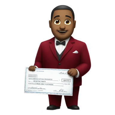 fat guy in dark red velvet suit holding cheque sticker