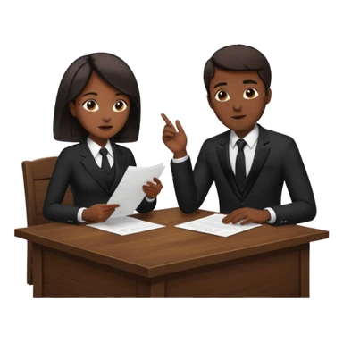 man in formal suit talking to woman in formal suit, they sit, papers in hands on the table sticker