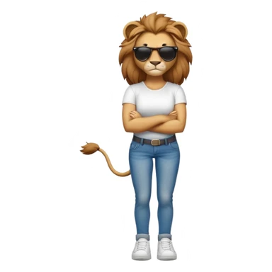female lion character, full body, standing with arms crossed, wearing jeans, white t-shirt, trainers, dark sunglasses, strong and determined look sticker