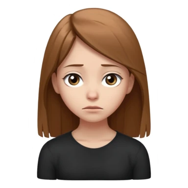 emoji of a girl with long, straight light brown hair, fair skin, soft grey eyes. Wearing a black. Standing slightly apart from a group of people, shoulders slightly hunched, arms loosely at her sides, head tilted down, eyes looking away. Nervous, unsure, miserable, and afraid.  sticker