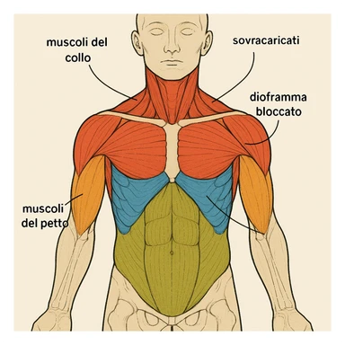 vista anteriore del busto umano con diaframma bloccato, muscoli del collo e scapole sovraccaricati, colori diversi per ogni area, didascalia in italiano sticker