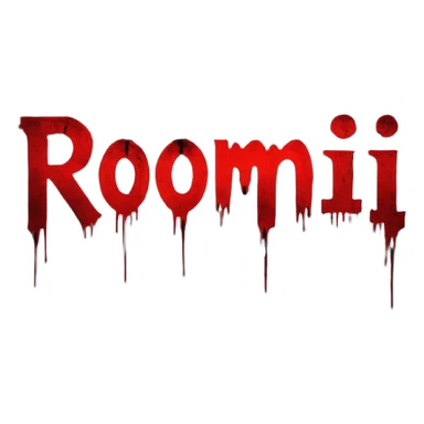 Dark horror cinematic wallpaper foggy grey and charcoal background with subtle pale light from top-left,  cinematic grain and vignette, scattered floating dust particles , centered bold text "ROJONI" in distressed horror font with faint red smear and inner shadow, moody  sticker