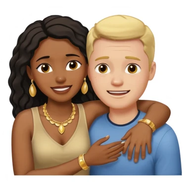 interracial couple. Black smiling woman with nice jewelry. White man crying with his arm around her shoulder. sticker