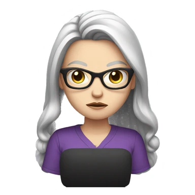 Angry scowling white girl, purple shirt, long black hair, wearing glasses, with arms crossed over chest. sticker