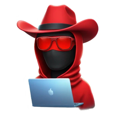developer behind his laptop with this style :  neon glowing bright red character dark wearing red balaclava assassin themed character sunglasses with big red cowboy hat sticker