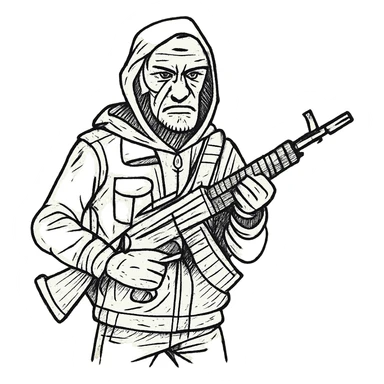 old skinny tough charismatic character from STALKER with a big machine gun sticker