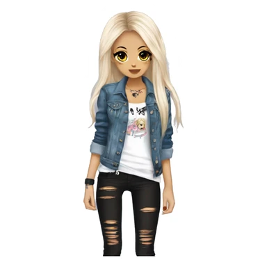 hime gyaru girl, goth, tattoos, long straight scene-style hair, white v neck tee with grunge jean jacket on as well sticker