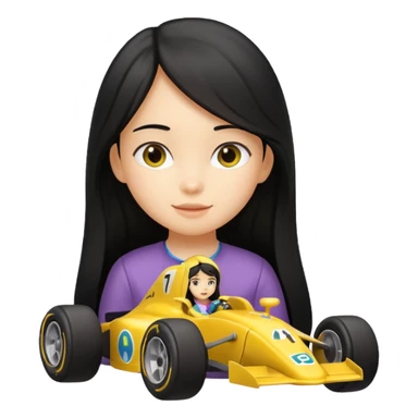 black long black haired girl kid playing yellow colored formula 1 car toy sticker