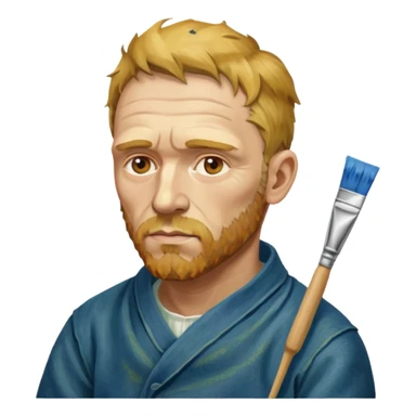 an gogh paints on a canvas. On his right ear he has a bandage sticker