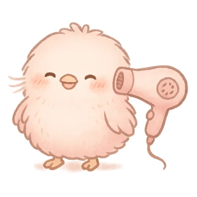 chibi cute soft fluffy hair dryer bird, blowing gentle air, happy face, soft pink, full-body sticker