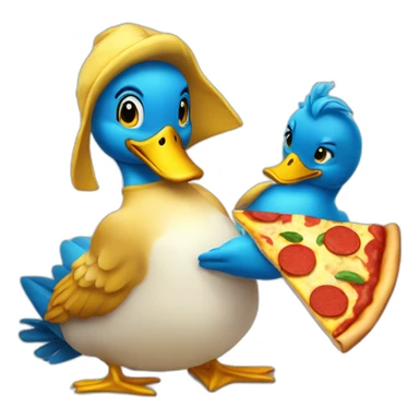 mignon canard bleu et jaune qui mange une pizza sticker