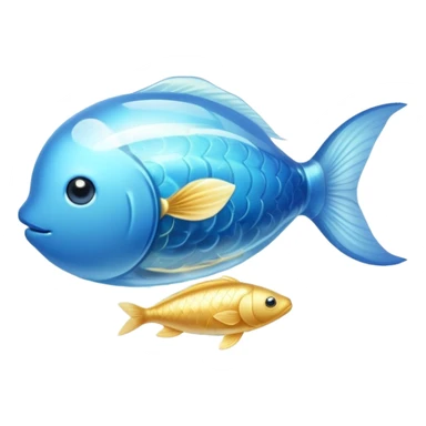 Shimmering golden capsule floating in flowing soft blue liquid currents, with an ethereal translucent fish circling around a glowing brain suspended in the fluid. Gentle waves of light pulsing outward from the brain, creating an aura of serenity, enhanced focus and mental clarity. sticker