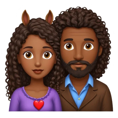 pareja de Mujer morena rizada cabello largo castaño ojos oscuros y hombre piel blanca con caballo oscuro con barba y ojos marron alrededor de la pareja corazones sticker