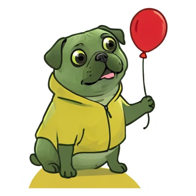 a pug in a yellow raincoat and a red balloon behind him sticker