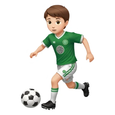 Celtic footballer jersey logo  6 years old brown hair white boy , brown eyes , stripes uniform , RUNNING  with soccer ball is number  17 celtic football logo  ONE CELTIC LOGO ONLY white shorts sticker