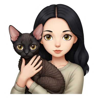 A girl with long black hair holding a Devon cat sticker